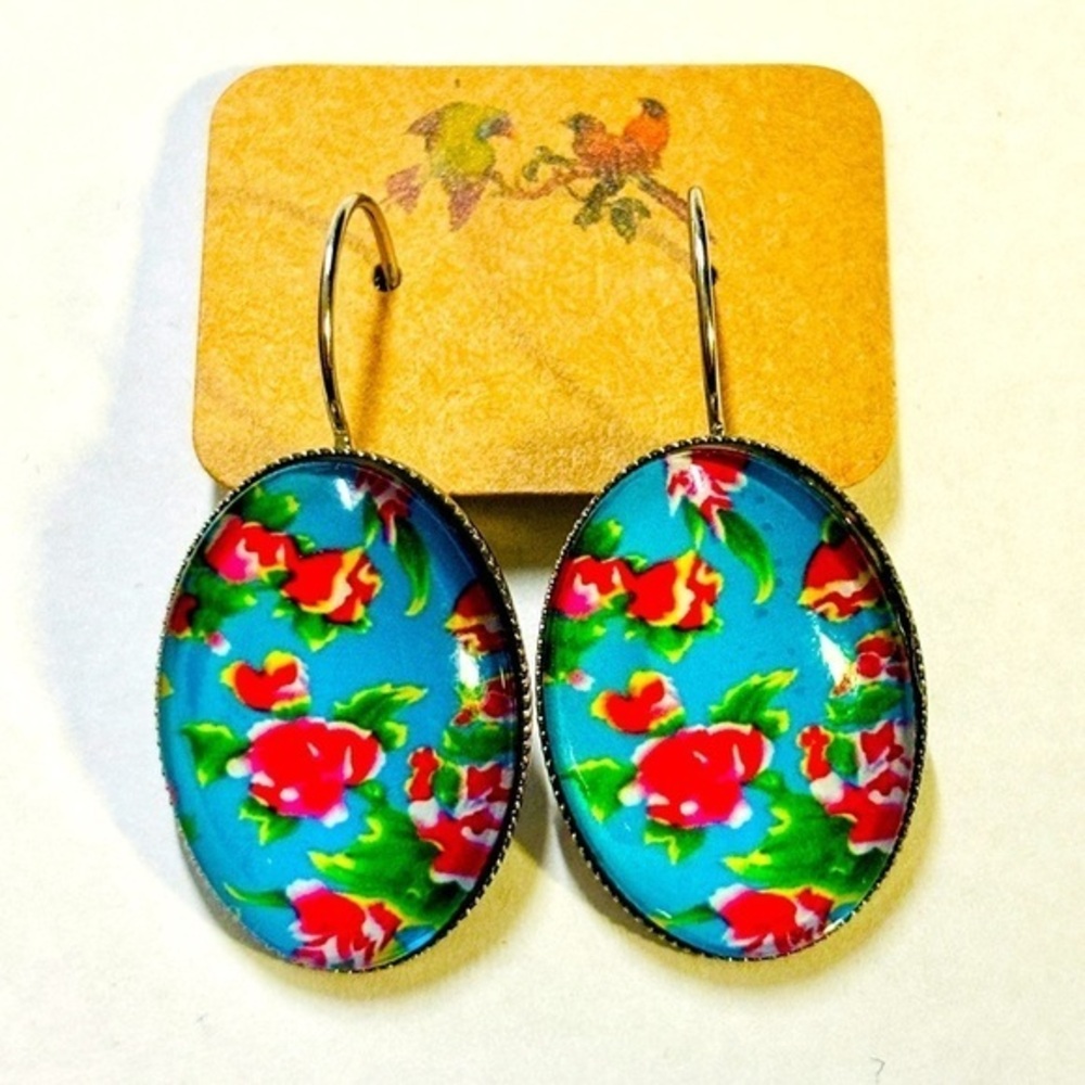 Blue and pink Oval Stainless Steel Floral Print Earrings, NWT, Handmade, Unworn